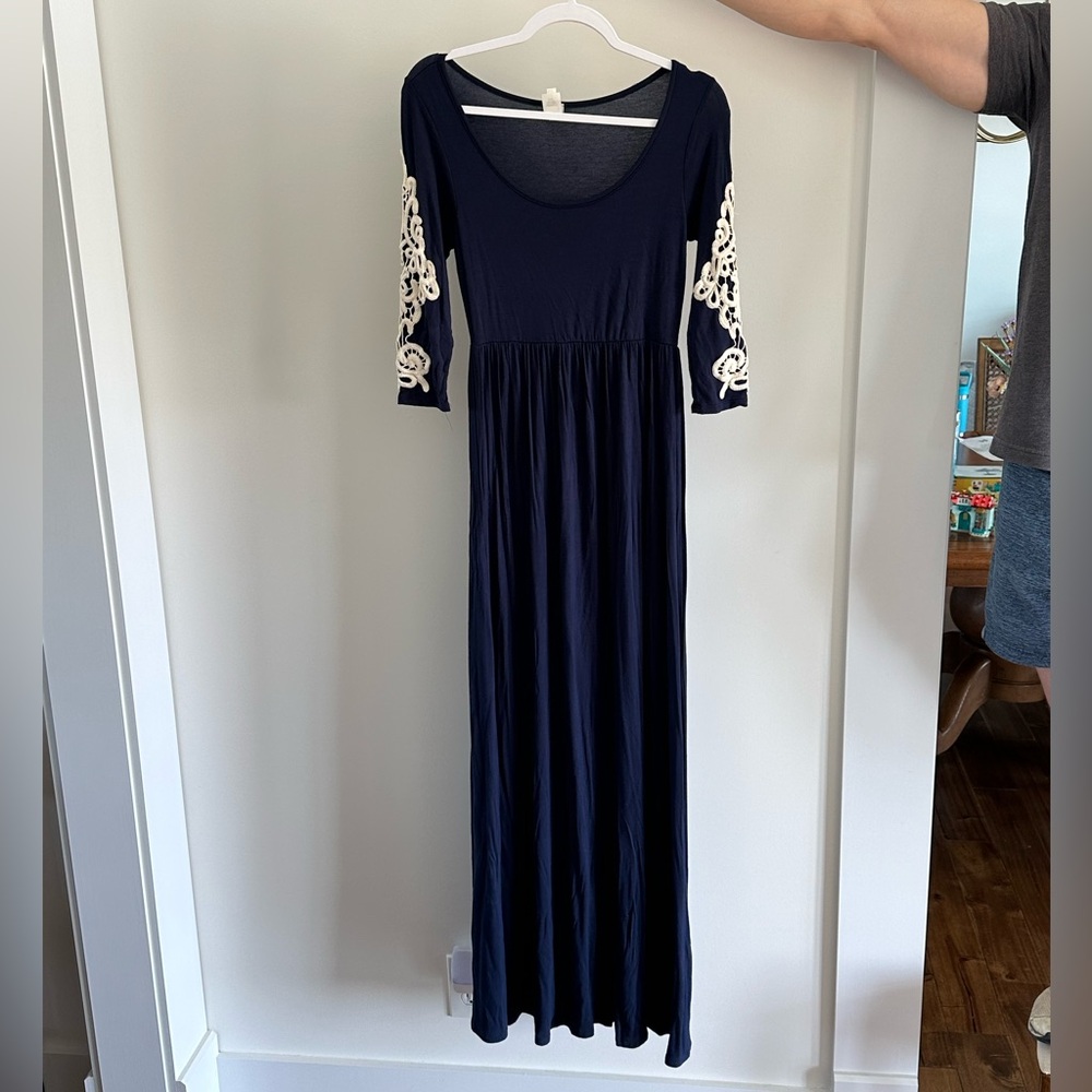 Pinkblush Navy Blue Maternity Maxi Dress with White Embroidery size Small